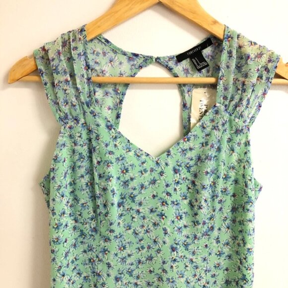 Green Blue Floral Sleeveless Dress W/ Back Cutout - Picture 2 of 3